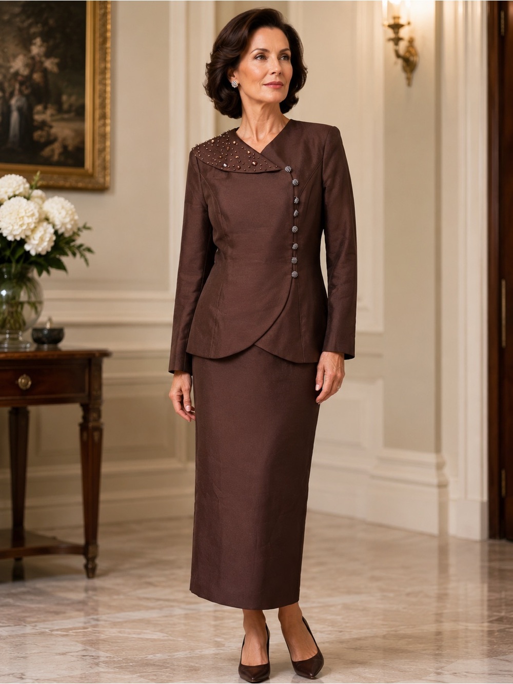 Lisa Rene Brown Beaded Asymmetrical Skirt Suit Set Size 8